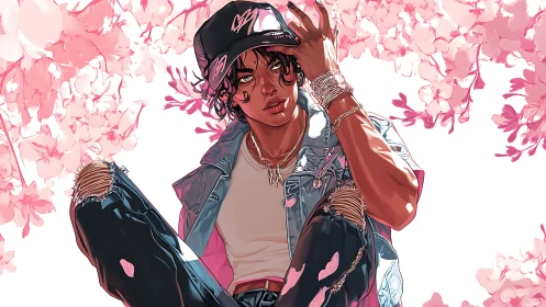 Stylized figure in casual attire under pink blossoms.