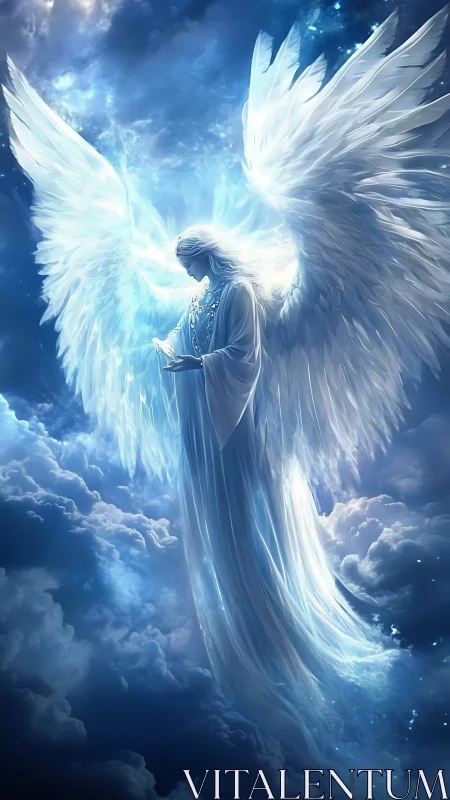 Luminous winged angel descends through glowing storm clouds