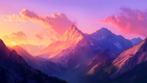 Sunlit violet peaks under a dream-soaked alpine sunrise.