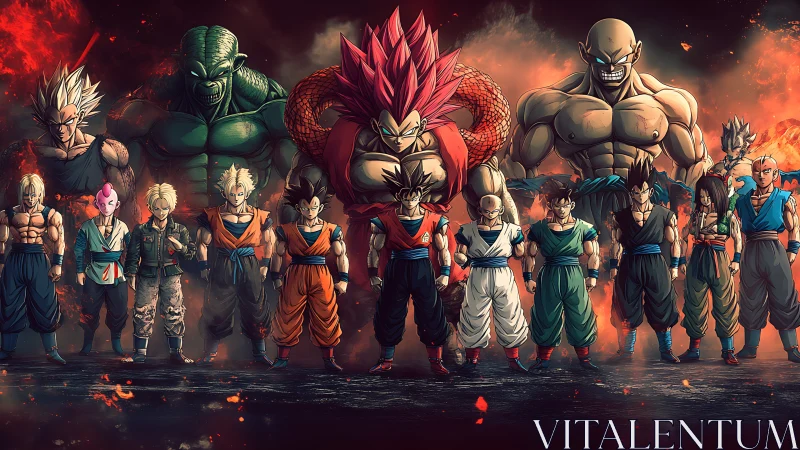 Dragon Ball warriors stand unified before raging inferno backdrop.
