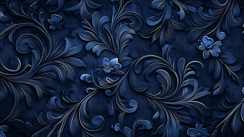 Ornate midnight blue floral relief with sculpted baroque swirls.