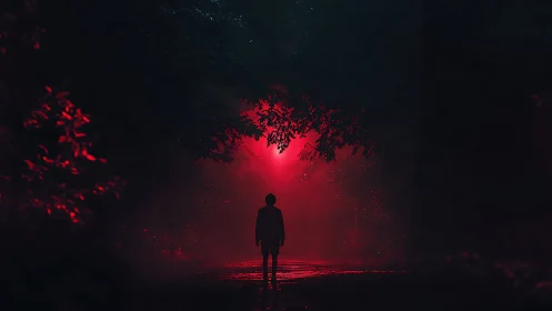 Silhouette figure stands on wet forest path under red light