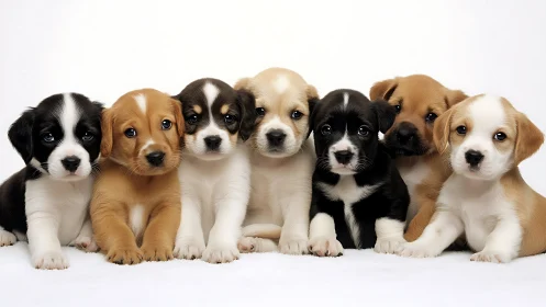 Row of seven small puppies sits facing camera on white