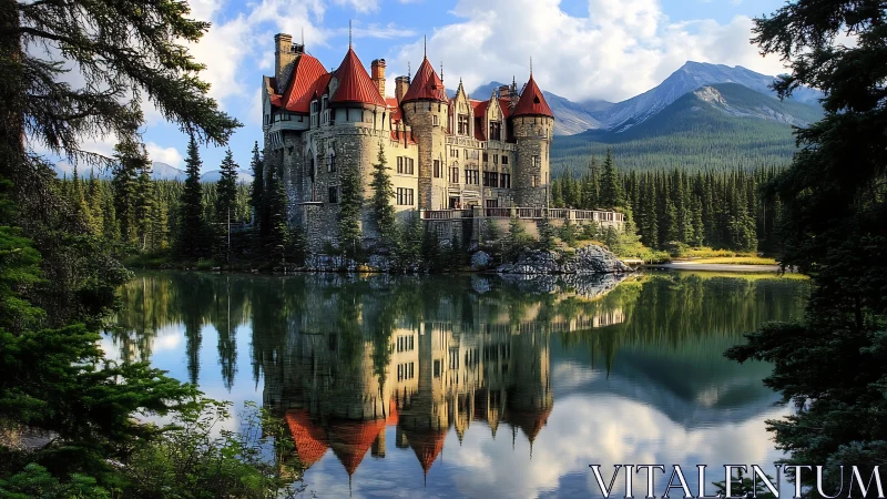 Lakeside stone castle with red turrets mirrored in mountainscape.
