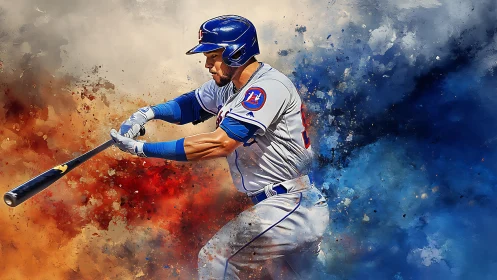 Powerful baseball swing bursts through bold painted color