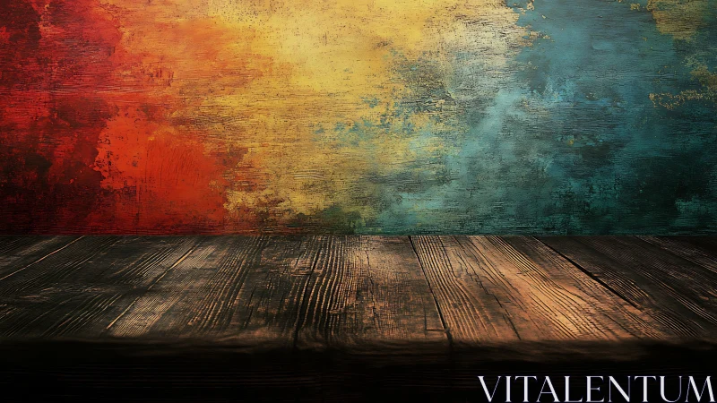 Paint‑splashed backdrop and rustic wood stage in waiting.