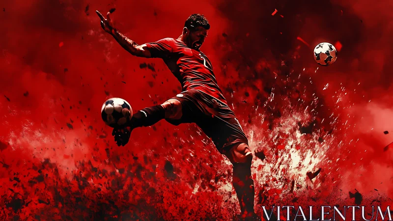 Digital soccer figure performs midair kick in red abstract field