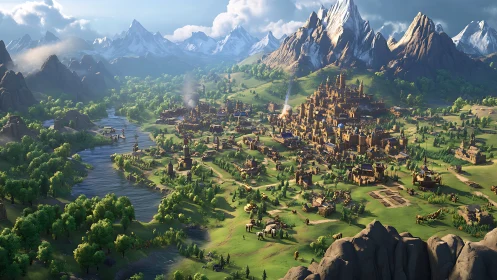 Sunlit fantasy kingdom nestles by a winding river valley