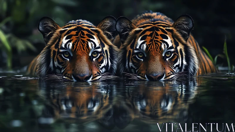 Two Tigers Swimming in Pristine Water. Striking Striped Markings.