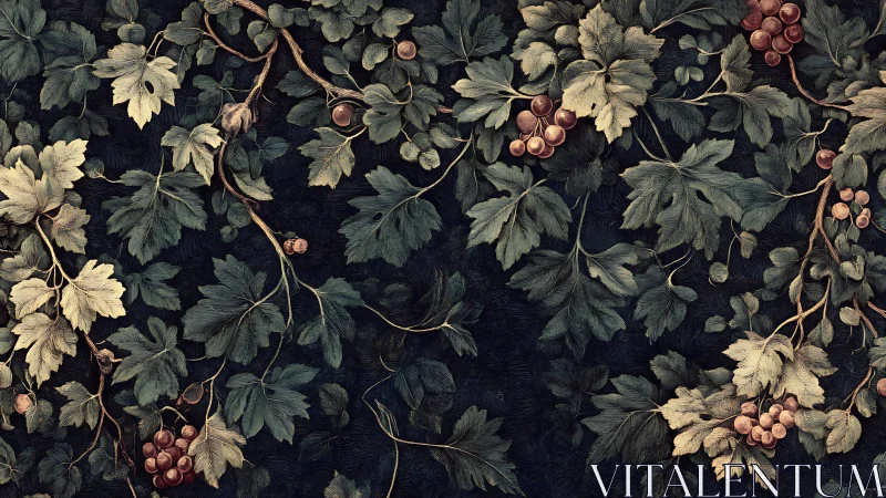 Vine-laced twilight drifts across a painterly orchard wall