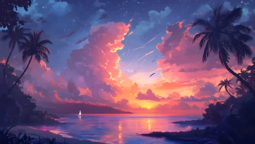 Sailboat drifting through neon-tinted tropical twilight clouds.