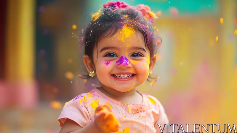 Joyful child covered in vibrant Holi powder celebration.