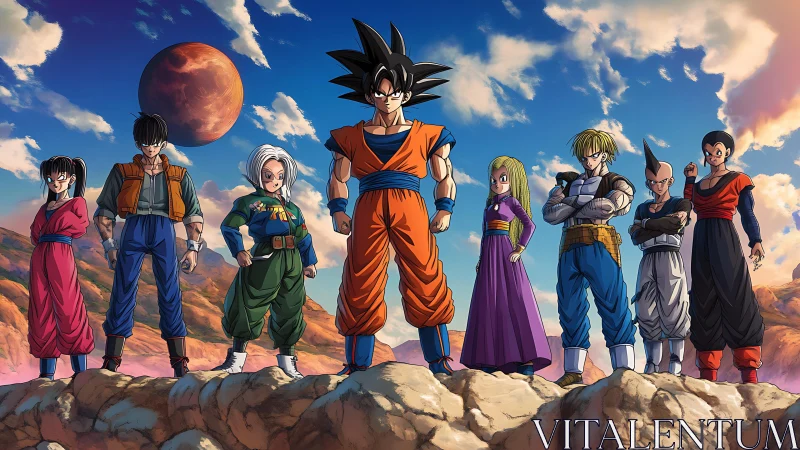 Heroic anime team on rocky ridge under crimson planet.