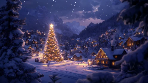 Starlit village Christmas tree turns snowfall into golden music