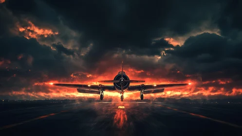 Propeller aircraft on runway under dark clouded sky.