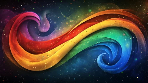 Vibrant rainbow energy waves swirl across deep space.