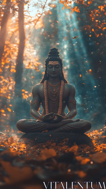 Seated meditative deity statue in autumn forest light.