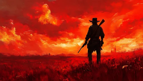 Silhouetted gunslinger stands in red sunset grassland