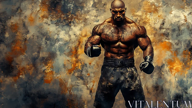 Muscular Boxer with Black Gloves Against Weathered Distressed Background