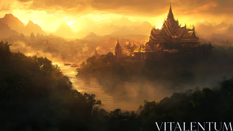 Sunlit river kingdom cradling a golden mistborn palace.