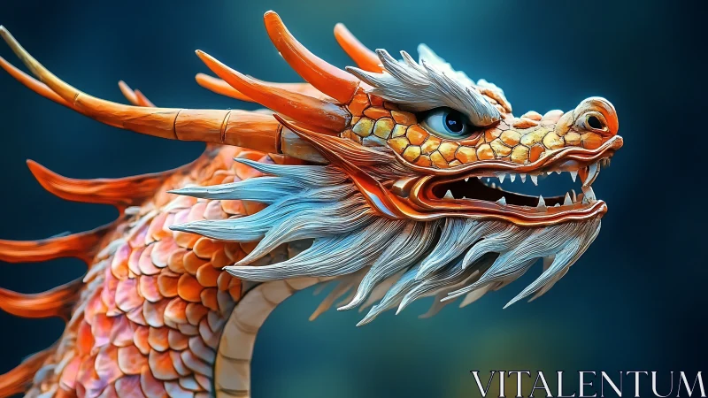 Fiery orange dragon profile with sculpted scales and horns.