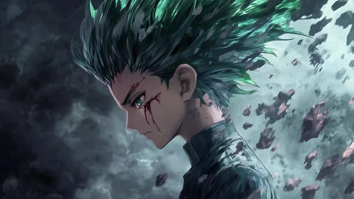 Brooding anime hero with emerald hair in storm of debris.