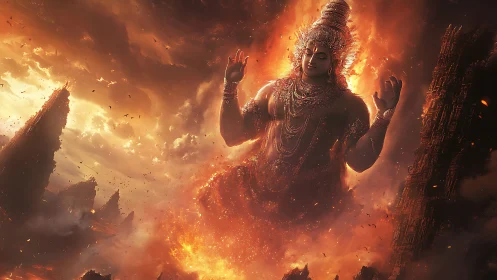 Firelit cosmic deity rising from molten ruins at dusk.