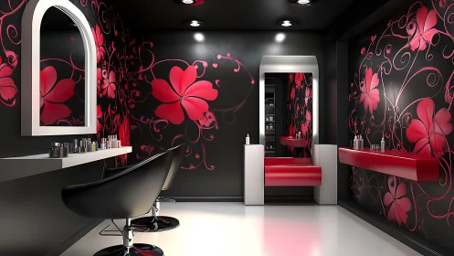 Salon interior shows black walls with red floral graphics