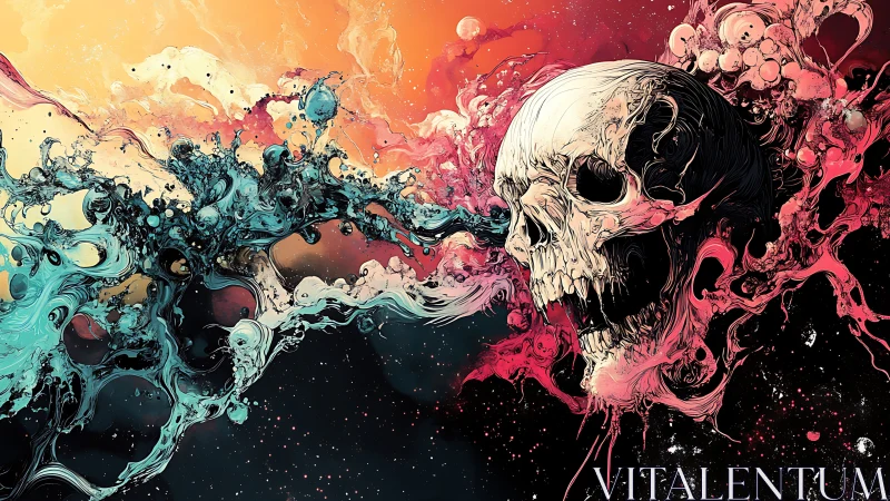 Skull dissolves into neon fluid cosmic abstraction.