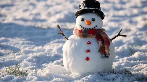 Cheerful snowman smiles warmly in a sunlit winter field