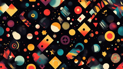 Geometric multicolor particles form rhythmic abstract constellation