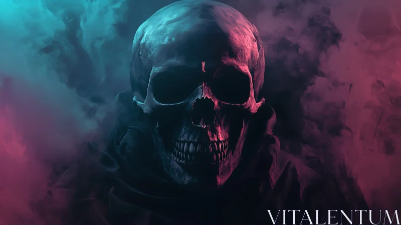 Neon-lit skeletal visage emerging through swirling smoke.