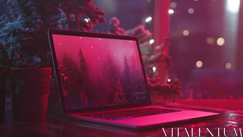 Laptop on desk with winter forest display in red lighting.