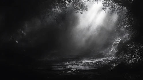 Monochrome forest corridor with chiaroscuro light shafts.