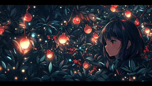 Quiet girl beneath glowing garden lanterns at night.