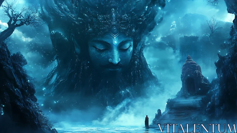 Colossal ethereal deity watches over misty temple valley.