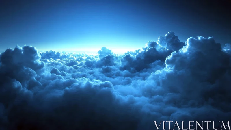 Luminous blue storm clouds roll toward a distant horizon