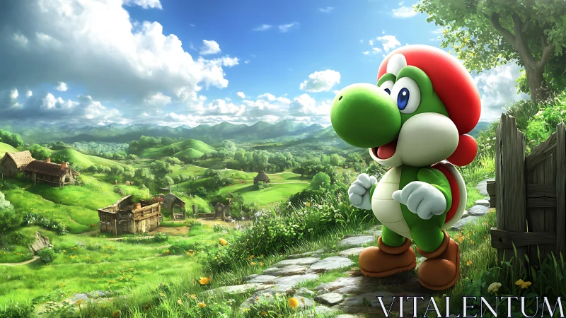 Anthropomorphic dino avatar in hyperreal agrarian valley landscape.