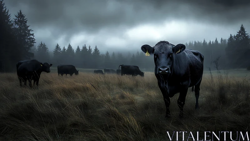 Black cattle in misty field under dark storm clouds.