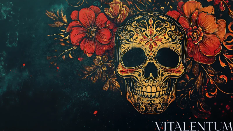 Ornate sugar skull with red florals on dark teal field.