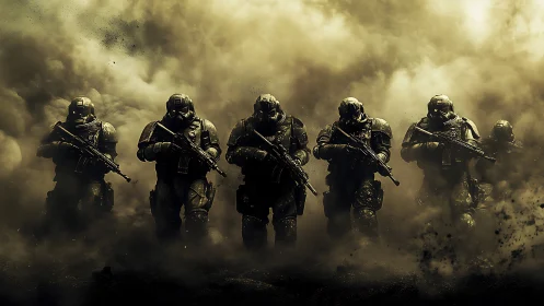 Armored soldiers advance through burning battlefield smoke.