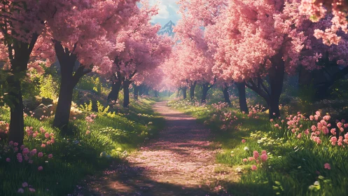 Sunlit cherry blossom path under dense pink canopy.