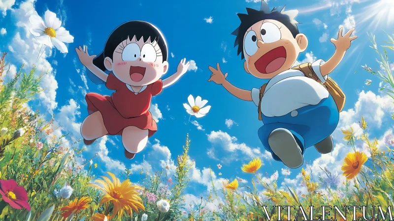 Joy-splashed anime kids soaring above a wildflower skyfield.