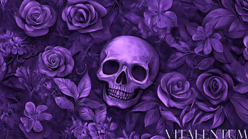 Human skull centered among monochrome violet floral elements