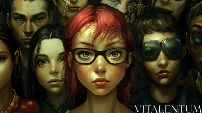 Red-haired girl with glasses stands out in surreal crowd.