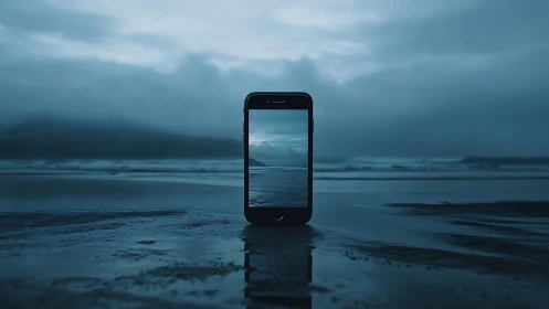 Smartphone standing on wet beach with misty seascape.