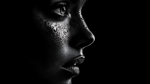 High-contrast lateral portrait with micro-textured skin surface.