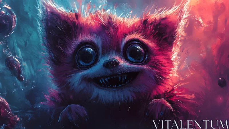 Wide eyed furry creature in neon blue and magenta glow.