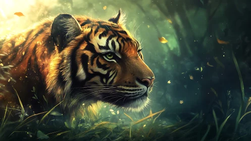 Side-profile digital rendering shows tiger in dense forest light