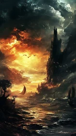 Towering dark citadel rises over stormy, firelit sea